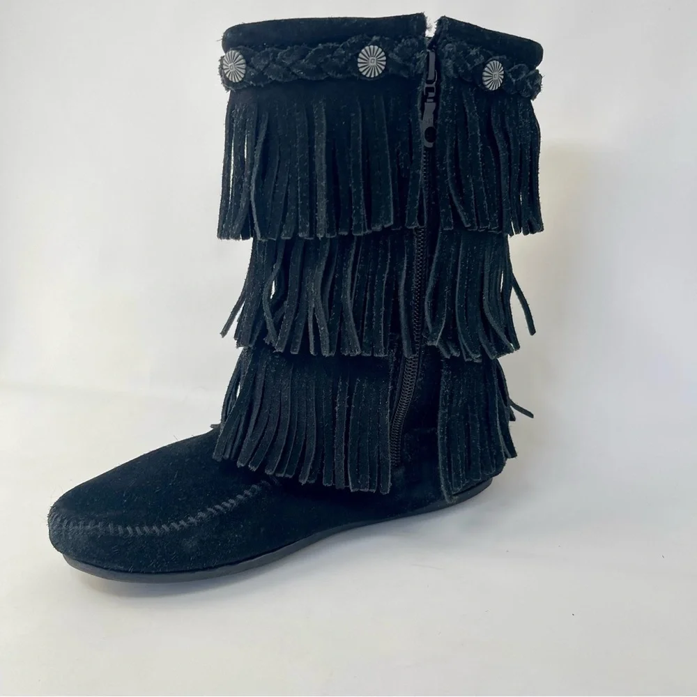 Minnetonka Black Suede 3 Tier‎ Fringe Tall Boots, Girl's Size 3